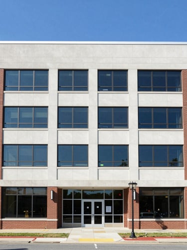 Straight-on architectural shot of a brick-and-mortar commercial office building in Delaware, bright natural daylight, clean corporate blue sky, sharp focus, 35mm lens.