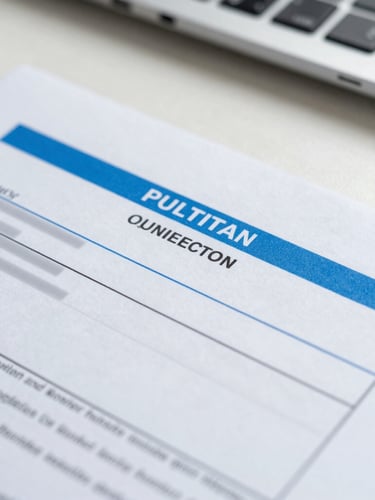 Macro shot of an official utility statement on a clean office desk, sensitive data blurred, sharp focus on the document header, bright natural daylight, crisp corporate blue tones.