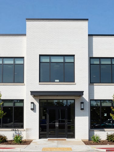 Straight-on architectural shot of a modern brick commercial building in Delaware, bright natural daylight, crisp focus, 35mm lens.