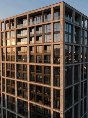 Cinematic drone shot of a modern luxury residential concrete and glass building facade in Istanbul during golden hour, architectural power framing.