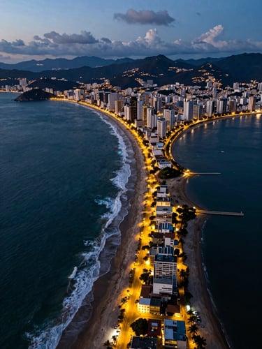 High-altitude vertical drone photography of the Balneário Camboriú peninsula at twilight, the curved shoreline illuminated by golden city lights against the deep blue ocean.