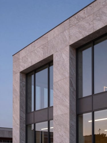Architectural detail of travertine marble and structural glass facade on Avenida Atlântica at twilight, soft blue hour lighting, clean geometric lines.