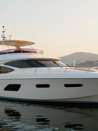 Close-up of luxury yachts docked at Marina Tedesco in Balneário Camboriú during golden hour, soft light reflecting on calm water, clean composition.