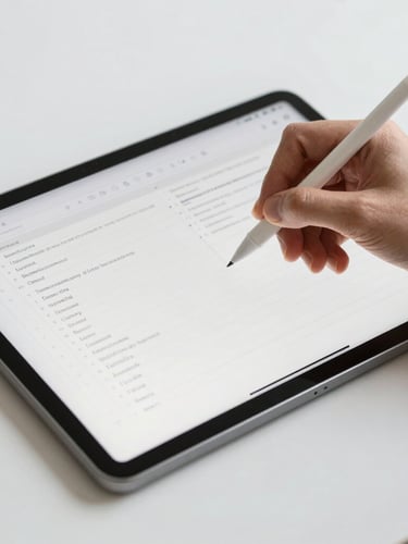 A close-up of a hand writing with a stylus on a sleek digital tablet displaying structured monochrome study notes, bright diffused daylight, minimalist desk setup
