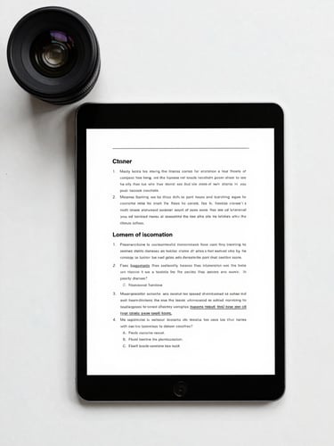 Overhead desk flat-lay of a pristine digital tablet displaying a clean black and white PDF layout of study notes, cool diffused daylight, 35mm lens