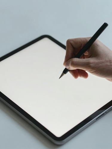 Close-up of hands writing on a minimalist tablet, clean structured layout visible on screen, cool diffused daylight, sharp focus