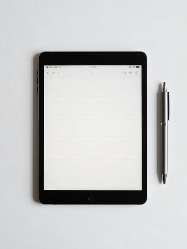 Overhead flat-lay of a digital tablet displaying clean monochrome study notes, next to a sleek pen on a white desk, diffused daylight