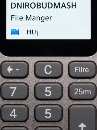 High-contrast screenshot of DNIROBUDMASH File Manager interface on a rugged Android device, tactile buttons, monospaced font, harsh industrial lighting, safety orange accents, macro lens, flat lay.