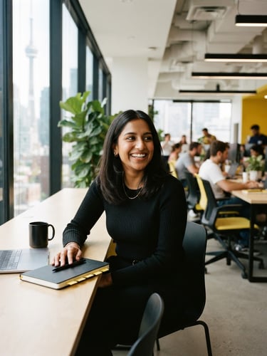 Candid environmental portrait of a young professional smiling in a bright, daylight-filled modern office in Toronto, clean 35mm