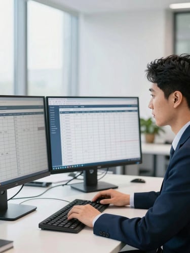 Bright daylight portrait of a professional logistics coordinator analyzing load boards on multiple clean monitors, corporate navy tones, sharp focus, 35mm