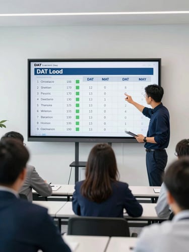 Bright professional photography of a modern logistics training classroom, student analyzing DAT load board on a large monitor, clean office daylight, corporate navy tones, 35mm