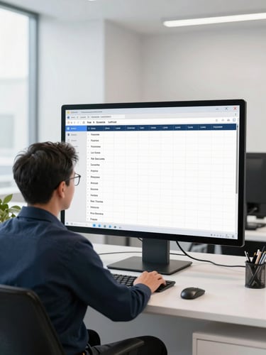A professional truck dispatcher sitting in a bright office, analyzing real-time load boards on a large monitor, clean daylight, 35mm.