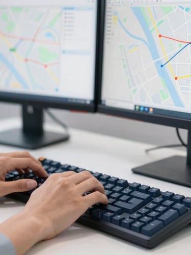 Close-up of hands typing on a mechanical keyboard next to dual monitors displaying logistics software and route maps, bright daylight.