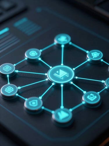 Close-up macro shot of a dark-themed enterprise system architecture diagram, glowing cyan data lines connecting nodes, low-key lighting, highly technical interface.