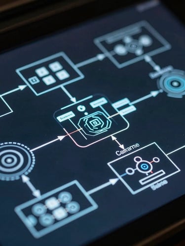 Macro shot of complex system architecture diagrams glowing on a dark screen, cool-toned lighting, deep shadows, sharp details