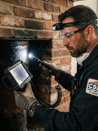 Close-up of a certified chimney sweep technician in safety gear inspecting a dark flue liner with a diagnostic camera, bright spotlight illuminating the interior, rich charcoal and brick tones, sharp focus, 35mm.