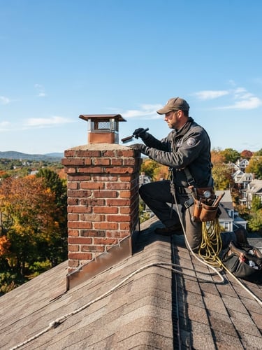 Wide panoramic shot of a certified chimney sweep on a roof, inspecting a sturdy brick chimney against a clear New England sky, tools visible, bright natural daylight, crisp focus.