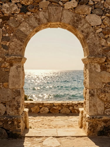 A sun-drenched stone archway overlooking a sparkling Mediterranean coastline, warm golden-hour light, medium format film style.