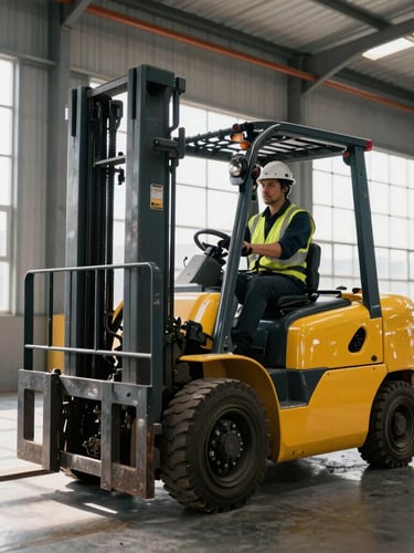 A yellow warehouse forklift parked in a clean industrial facility, bright daylight streaming through high windows, operator wearing high-vis vest and hard hat visible in the background.