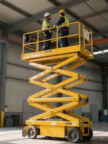 A yellow scissor lift extended high inside a clean industrial warehouse, operator in correct PPE wearing a harness and hard hat inspecting overhead fixtures under bright daylight.