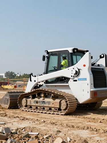 Wide environmental shot of a modern skid steer loader operating on a clean construction jobsite, operator wearing high-vis vest and hard hat, bright daylight.