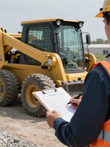 A close-up shot of a safety evaluator in a high-visibility orange vest holding a clipboard, observing a yellow skid steer operating in a clean gravel yard, bright daylight.