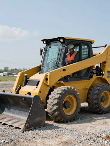 Wide shot of a clean yellow skid steer loader on a gravel yard, operator wearing a high-vis orange vest and white hard hat holding a clipboard, bright direct daylight.