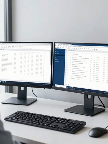 Over-the-shoulder shot of a clean modern workspace, dual monitors displaying organized spreadsheets and code, bright natural daylight, 35mm
