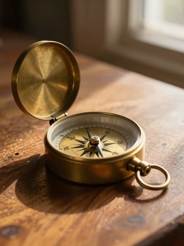 A close-up of a vintage brass marine compass resting on a worn wooden navigation table, soft warm golden hour light coming from a nearby window, atmospheric shadow.