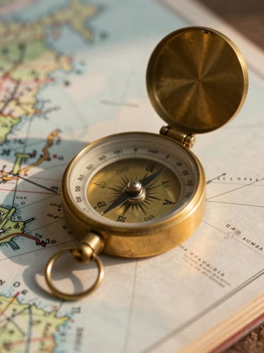A close-up of a vintage brass compass resting on a detailed maritime navigation map, soft warm golden hour light, editorial travel journal aesthetic.
