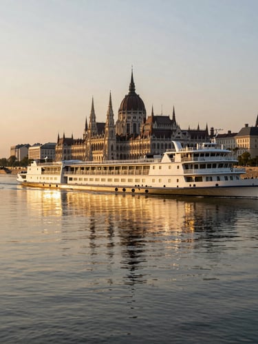 A sleek, low-profile river ship gliding silently down the Danube at golden hour, reflections of historic spires in the calm water, elegant architectural lines.