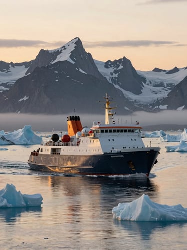 Wide-angle view of a modern dark-hulled expedition ship navigating through calm waters filled with icebergs under a low golden sun, dramatic jagged mountains in the background.