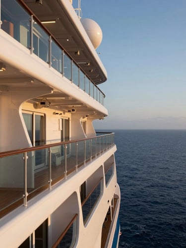 A close-up architectural detail of a luxury cruise ship balcony, looking out toward a calm, deep blue ocean horizon at golden hour.