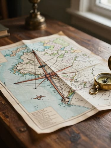 A detailed vintage maritime map laid out on a dark wooden table, brass compass resting on the side, soft warm light from a nearby window