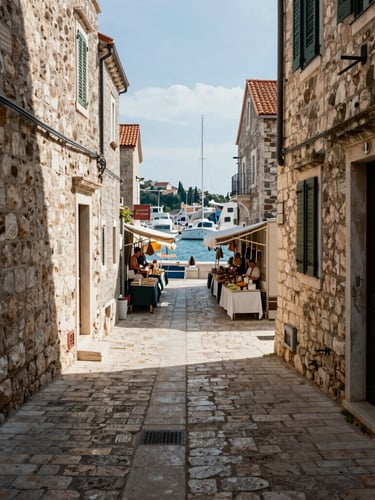 A narrow stone street in a Mediterranean port town, sun-dappled walls, local market stalls in the background, authentic coastal atmosphere.