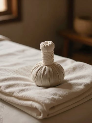 Warm editorial close-up of traditional Thai massage details, clean folded linens, herbal compresses under soft golden window light, 35mm