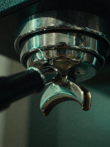 Close-up of a bottomless portafilter pulling a perfect espresso shot, dark moody lighting, terminal green reflections, 35mm film style