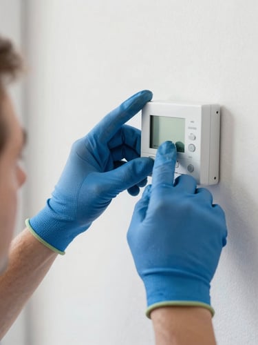 Close-up of a professional HVAC technician's hands in blue gloves adjusting a digital thermostat interface on a modern wall-mounted heat pump, bright daylight, sharp focus on technical details, 35mm