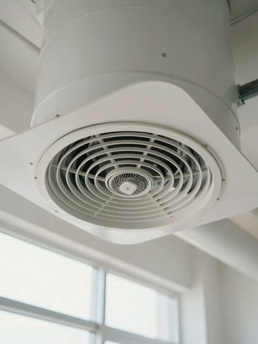 Close-up of a clean modern ventilation duct system, bright natural light, sharp focus on technical details, 35mm