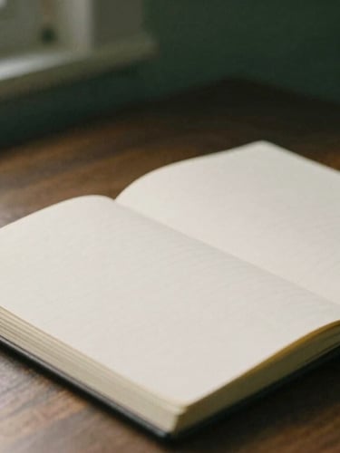 Architectural detail of a quiet, structured workspace with paper notebooks on a dark oak table, soft directional window light, 35mm film