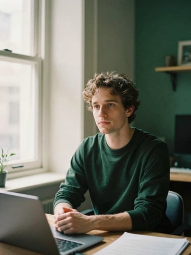 Thoughtful portrait of a creative founder in a quiet, structured workspace, soft directional window light, deep green and cream tones, 35mm film