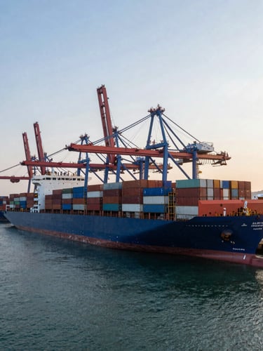 Wide panoramic view of a deep-water port at sunrise, massive container ships docked, clinical cool morning light, industrial precision.