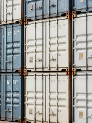 Close-up of clean, organized shipping containers stacked at a Dutch deep-water port, bright daylight, high-contrast composition, clinical industrial feel.