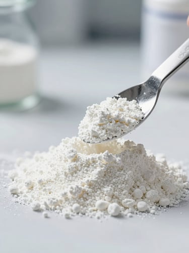 Macro shot of pure white supplement powder being measured with a clinical metal spatula in a bright, sterile laboratory, high-contrast cool lighting.
