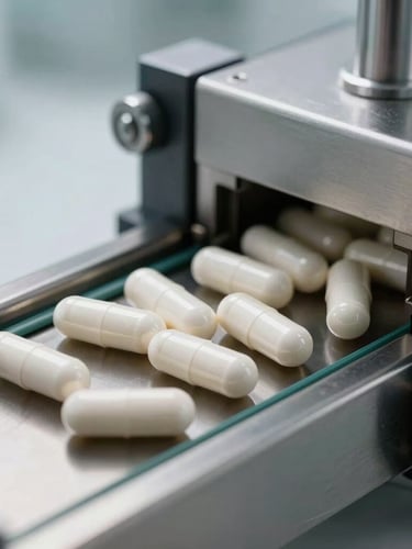 Macro close-up of premium white supplement capsules being sorted on an automated, clinical stainless steel conveyor belt under bright studio light, portrait orientation