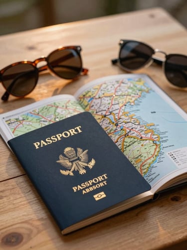 Vista en plano medio de un pasaporte abierto, un mapa físico de carreteras y unas gafas de sol sobre una mesa de madera clara, iluminados por la cálida luz del atardecer.