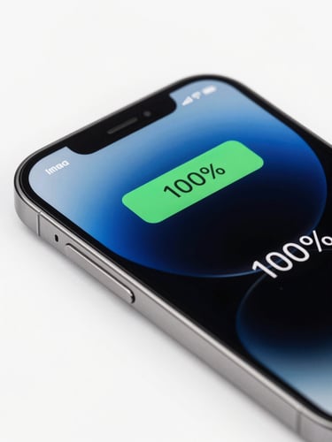 Crisp macro shot of a pristine iPhone screen showing 100% battery health, bright clean studio light, minimalist white background