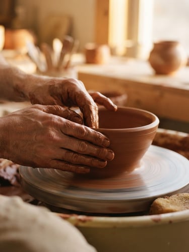 Close-up of potter's hands shaping wet terracotta clay on a spinning wheel, soft golden hour light, shallow depth of field, 35mm