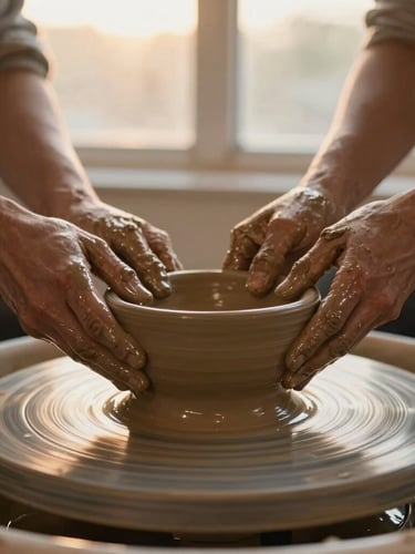 A close-up vertical shot of wet clay spinning on a potter's wheel, muddy hands gently shaping the rim of a bowl, soft golden-hour window light, shallow depth of field, 35mm.