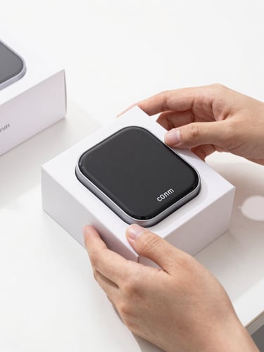 Bright high-key product photography of a modern smart gadget being unboxed by hands in a clean minimalist studio setting, crisp natural light, sharp focus